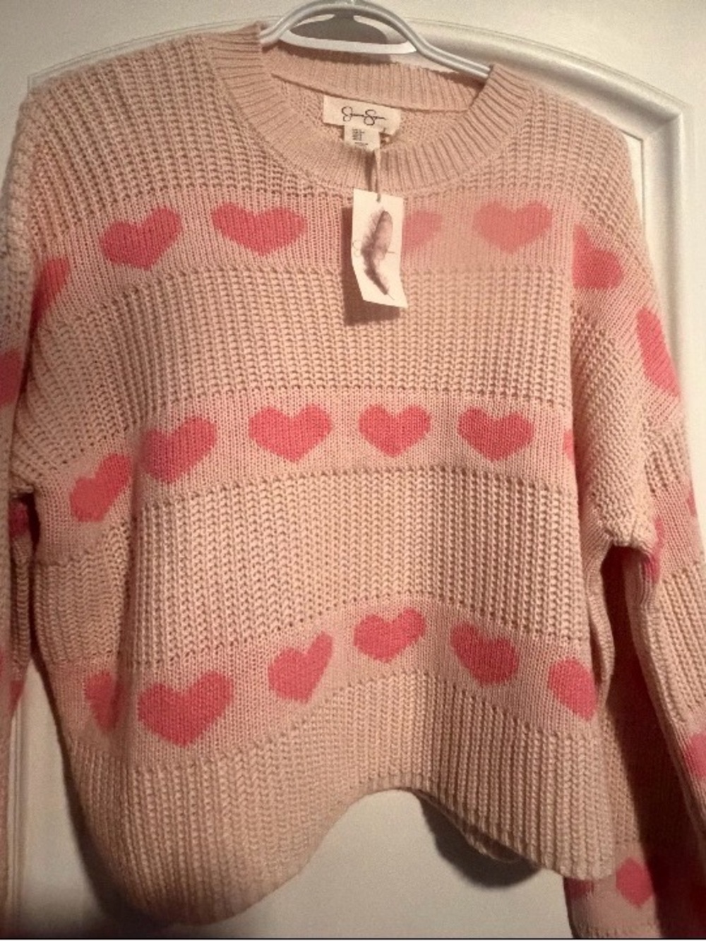Jessica Simpson Pink Heart-Striped Crewneck Sweater